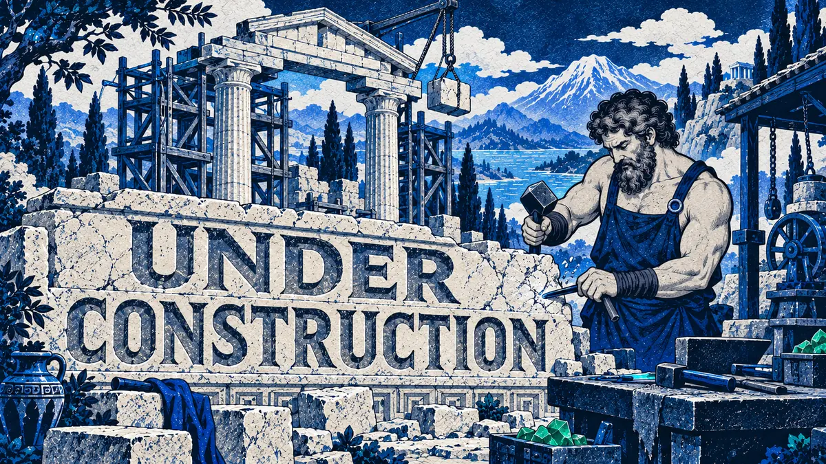 Under construction, carved into stone as Hephaestus builds a Greek temple, in Funnelphilia's blue and ivory woodblock style.